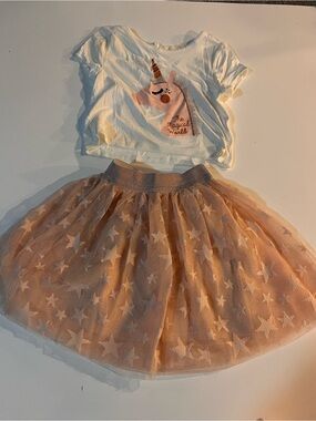 btween White Unicorn Tee with Peach Star Tulle Skirt